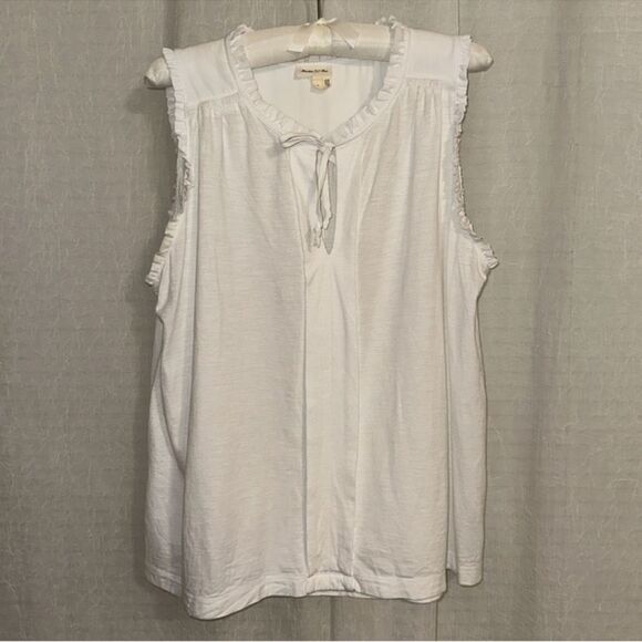 Meadow Rue x Anthro L White Cotton Blend Ruffled Neck Sleeveless Shell Tank - Picture 3 of 11